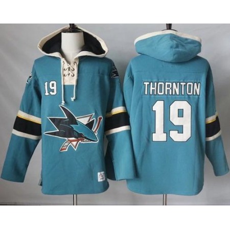 Sharks #19 Joe Thornton Teal Pullover Hoodie Stitched NHL Jersey
