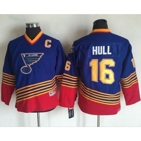 Blues #16 Brett Hull Light Blue/Red CCM Throwback Stitched Youth NHL Jersey