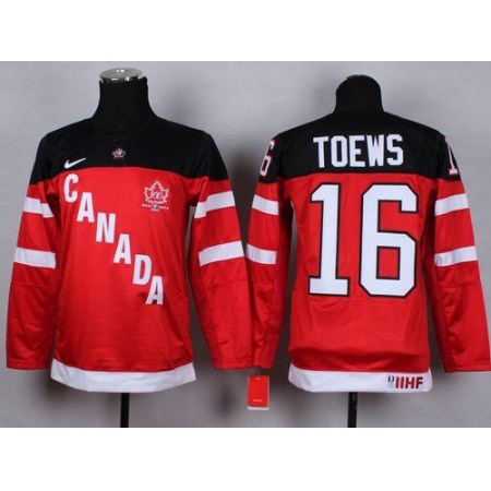 Team Canada #16 Jonathan Toews Red 100th Anniversary Stitched Youth NHL Jersey