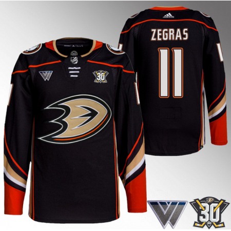 Men's Anaheim Ducks #11 Trevor Zegras Black 30th Anniversary Stitched Jersey