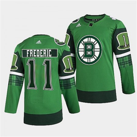 Men's Boston Bruins #11 Trent Frederic 2022 Green St Patricks Day Warm-Up Stitched Jersey