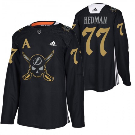 Men's Tampa Bay Lightning #77 Victor Hedman Black Gasparilla inspired Pirate-themed Warmup Stitched Jersey