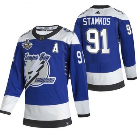 Men's Tampa Bay Lightning #91 Steven Stamkos 2021 Blue Stanley Cup Final Bound Reverse Retro Stitched Jersey
