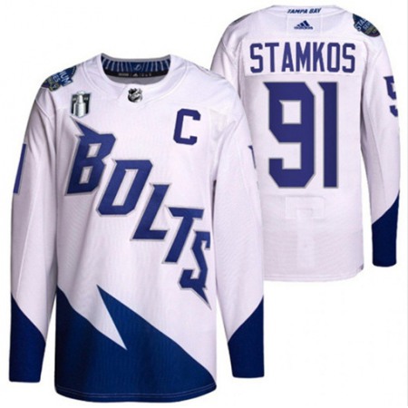 Men's Tampa Bay Lightning #91 Steven Stamkos 2022 White Stanley Cup Final Patch Stitched Jersey