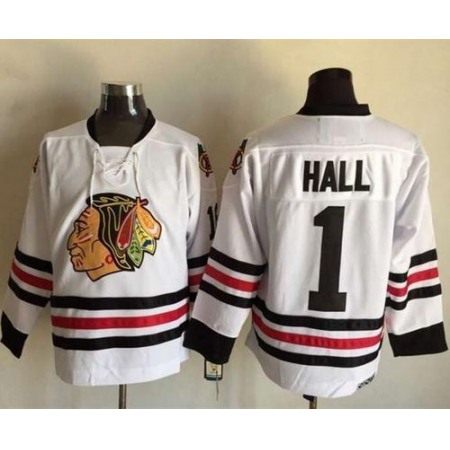 Blackhawks #1 Glenn Hall White CCM Throwback Stitched NHL Jersey