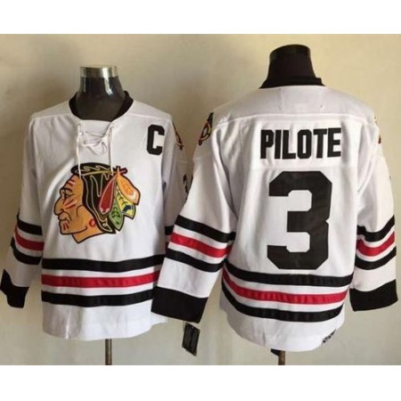 Blackhawks #3 Pierre Pilote White CCM Throwback Stitched NHL Jersey