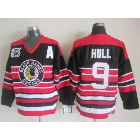 Blackhawks #9 Bobby Hull Red/Black 75TH CCM Stitched NHL Jersey
