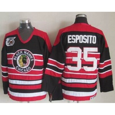 Blackhawks #35 Tony Esposito Red/Black 75TH CCM Stitched NHL Jersey