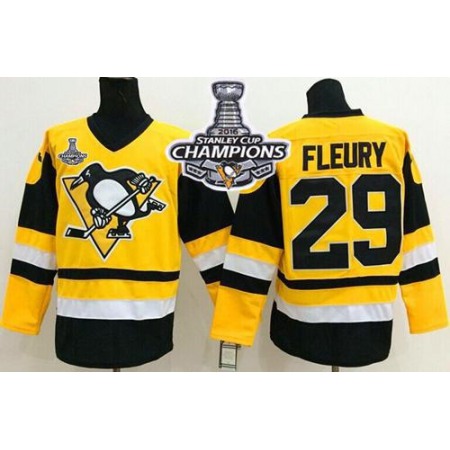 Penguins #29 Andre Fleury Yellow Throwback 2016 Stanley Cup Champions Stitched NHL Jersey