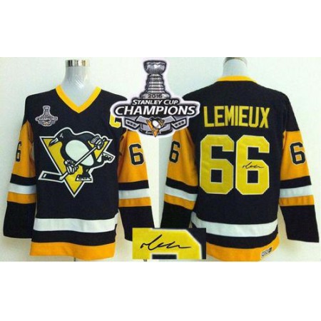 Penguins #66 Mario Lemieux Black CCM Throwback Autographed 2016 Stanley Cup Champions Stitched NHL Jersey