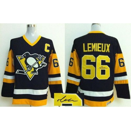 Penguins #66 Mario Lemieux Black CCM Throwback Autographed Stitched NHL Jersey