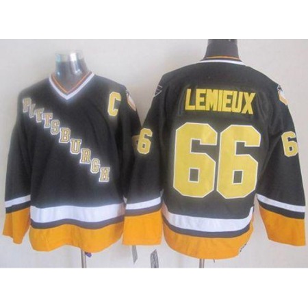 Penguins #66 Mario Lemieux Black/Yellow CCM Throwback Stitched NHL Jersey