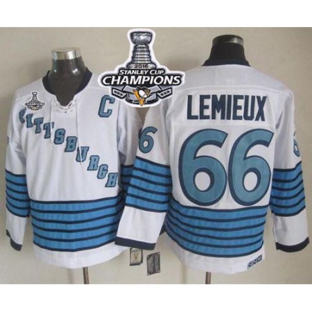 Penguins #66 Mario Lemieux White/Light Blue CCM Throwback 2016 Stanley Cup Champions Stitched NHL Jersey