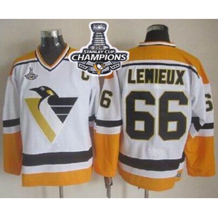 Penguins #66 Mario Lemieux White/Yellow CCM Throwback 2016 Stanley Cup Champions Stitched NHL Jersey