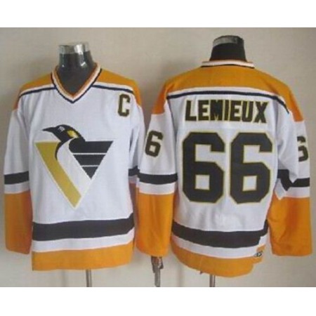 Penguins #66 Mario Lemieux White/Yellow CCM Throwback Stitched NHL Jersey