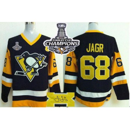 Penguins #68 Jaromir Jagr Black CCM Throwback Autographed 2016 Stanley Cup Champions Stitched NHL Jersey