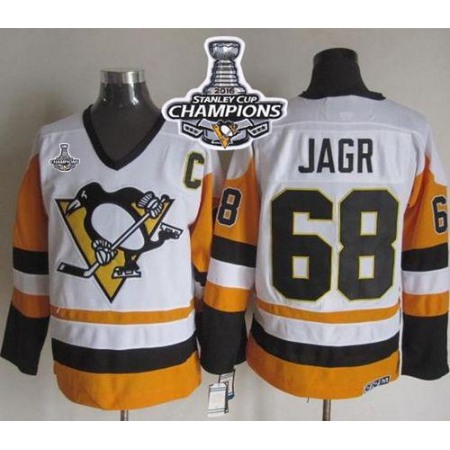 Penguins #68 Jaromir Jagr White/Black CCM Throwback 2016 Stanley Cup Champions Stitched NHL Jersey