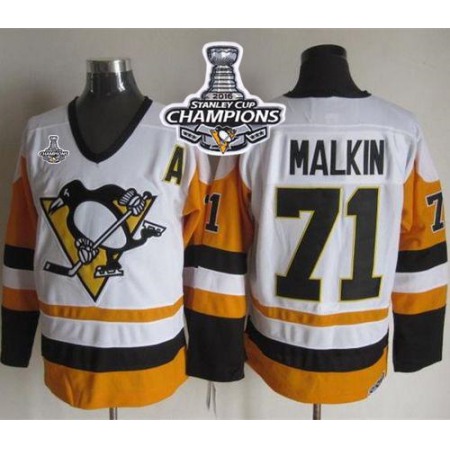 Penguins #71 Evgeni Malkin White/Black CCM Throwback 2016 Stanley Cup Champions Stitched NHL Jersey