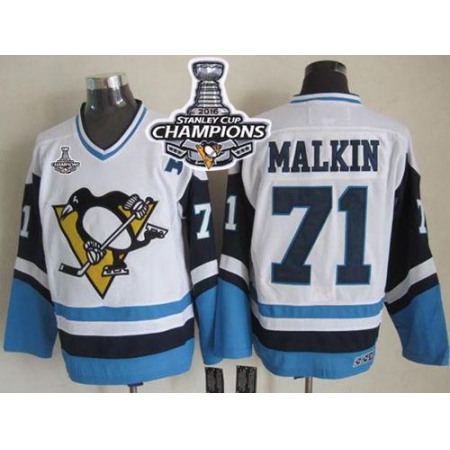 Penguins #71 Evgeni Malkin White/Blue CCM Throwback 2016 Stanley Cup Champions Stitched NHL Jersey