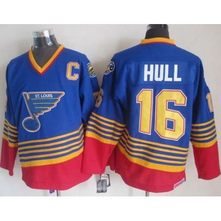 Blues #16 Brett Hull Light Blue/Red CCM Throwback Stitched NHL Jersey