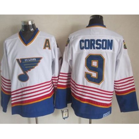 Blues #9 Shayne Corson White/Light Blue CCM Throwback Stitched NHL Jersey