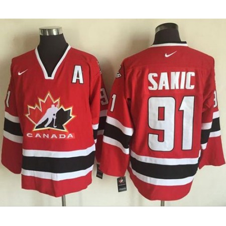 Team CA. #91 Joe Sakic Red/Black 2002 Olympic Nike Throwback Stitched NHL Jersey