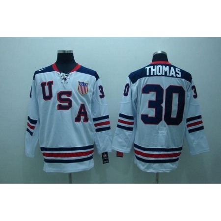 2010 Olympic Team USA #30 Tim Thomas Stitched White 1960 Throwback NHL Jersey