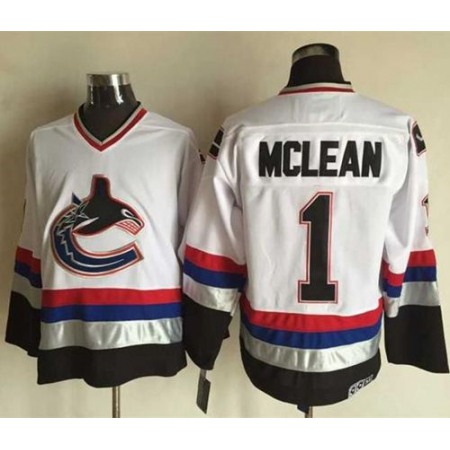 Canucks #1 Kirk Mclean White/Black CCM Throwback Stitched NHL Jersey