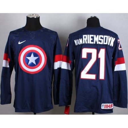 Olympic Team USA #21 James van Riemsdyk Navy Blue Captain America Fashion Stitched NHL Jersey