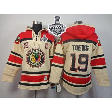 Blackhawks #19 Jonathan Toews Cream Sawyer Hooded Sweatshirt 2015 Stanley Cup Stitched NHL Jersey