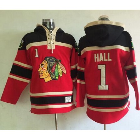 Blackhawks #1 Glenn Hall Red Sawyer Hooded Sweatshirt Stitched NHL Jersey