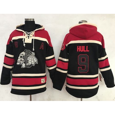 Blackhawks #9 Bobby Hull Black Sawyer Hooded Sweatshirt Stitched NHL Jersey