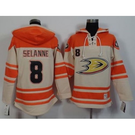 Ducks #8 Teemu Selanne Cream/Orange Sawyer Hooded Sweatshirt Stitched NHL Jersey