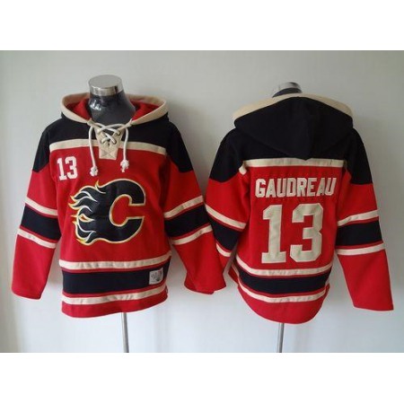 Flames #13 Johnny Gaudreau Red Sawyer Hooded Sweatshirt Stitched NHL Jersey
