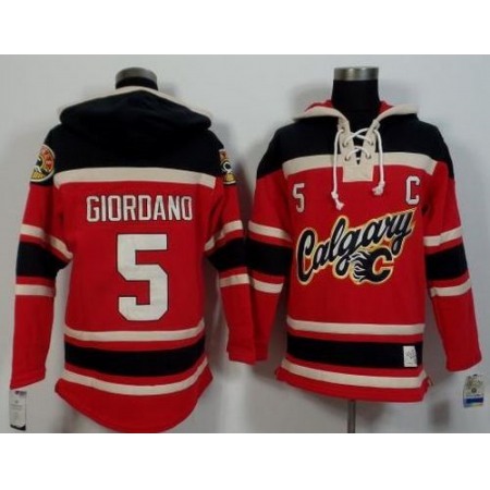 Flames #5 Mark Giordano Red/Black Sawyer Hooded Sweatshirt Stitched NHL Jersey