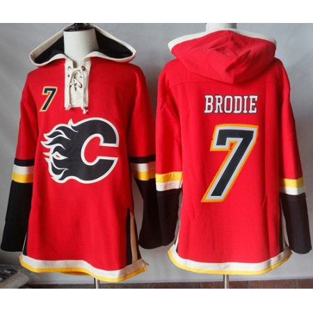Flames #7 TJ Brodie Red Sawyer Hooded Sweatshirt Stitched NHL Jersey