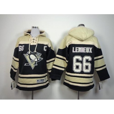 Penguins #66 Mario Lemieux Black Sawyer Hooded Sweatshirt Stitched Youth NHL Jersey