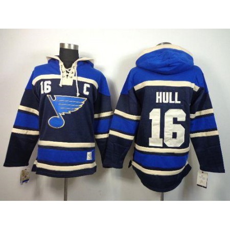 Blues #16 Brett Hull Navy Blue Sawyer Hooded Sweatshirt Stitched NHL Jersey