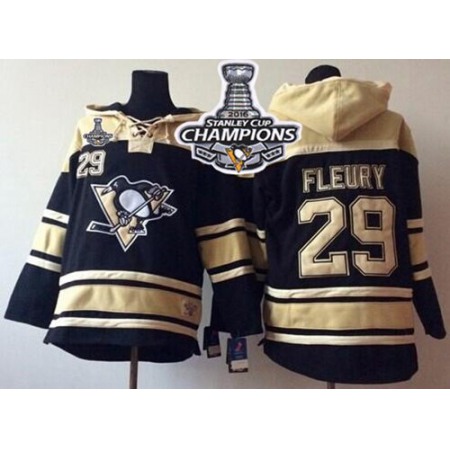 Penguins #29 Andre Fleury Black Sawyer Hooded Sweatshirt 2016 Stanley Cup Champions Stitched NHL Jersey