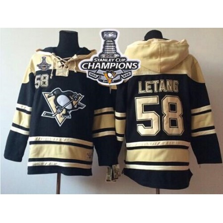 Penguins #58 Kris Letang Black Sawyer Hooded Sweatshirt 2016 Stanley Cup Champions Stitched NHL Jersey