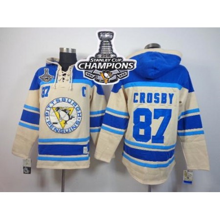 Penguins #87 Sidney Crosby Cream Sawyer Hooded Sweatshirt 2016 Stanley Cup Champions Stitched NHL Jersey