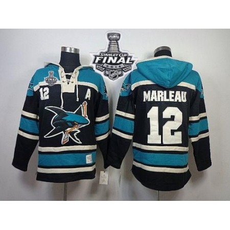 Sharks #12 Patrick Marleau Black Sawyer Hooded Sweatshirt 2016 Stanley Cup Final Patch Stitched NHL Jersey