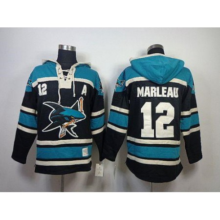 Sharks #12 Patrick Marleau Black Sawyer Hooded Sweatshirt Stitched NHL Jersey