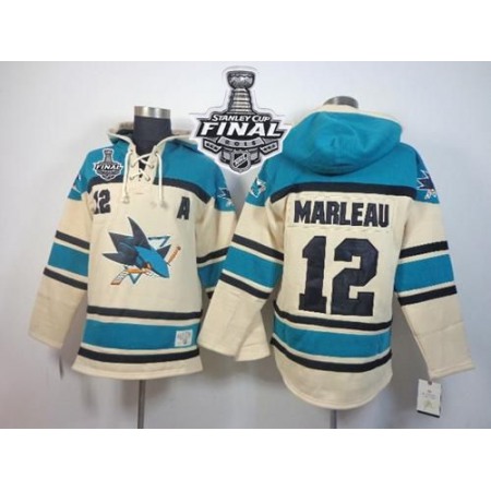 Sharks #12 Patrick Marleau Cream Sawyer Hooded Sweatshirt 2016 Stanley Cup Final Patch Stitched NHL Jersey