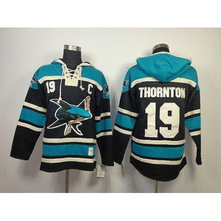 Sharks #19 Joe Thornton Black Sawyer Hooded Sweatshirt Stitched NHL Jersey