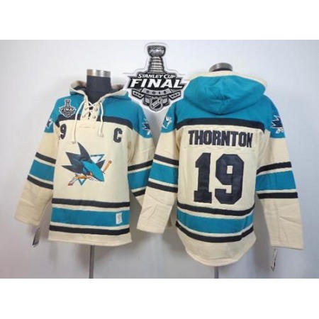 Sharks #19 Joe Thornton Cream Sawyer Hooded Sweatshirt 2016 Stanley Cup Final Patch Stitched NHL Jersey