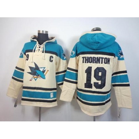 Sharks #19 Joe Thornton Cream Sawyer Hooded Sweatshirt Stitched NHL Jersey