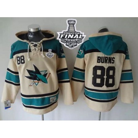Sharks #88 Brent Burns Cream Sawyer Hooded Sweatshirt 2016 Stanley Cup Final Patch Stitched NHL Jersey