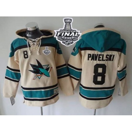Sharks #8 Joe Pavelski Cream Sawyer Hooded Sweatshirt 2016 Stanley Cup Final Patch Stitched NHL Jersey