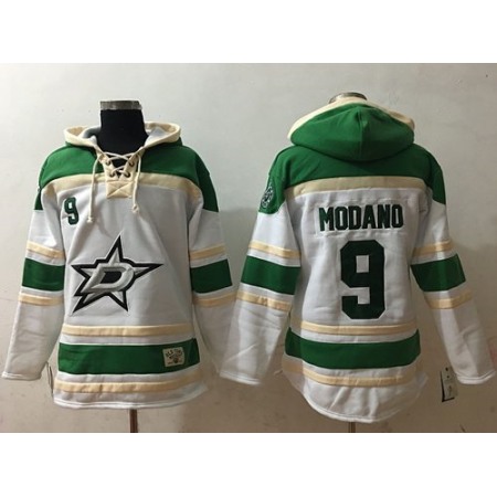 Stars #9 Mike Modano White Sawyer Hooded Sweatshirt Stitched NHL Jersey